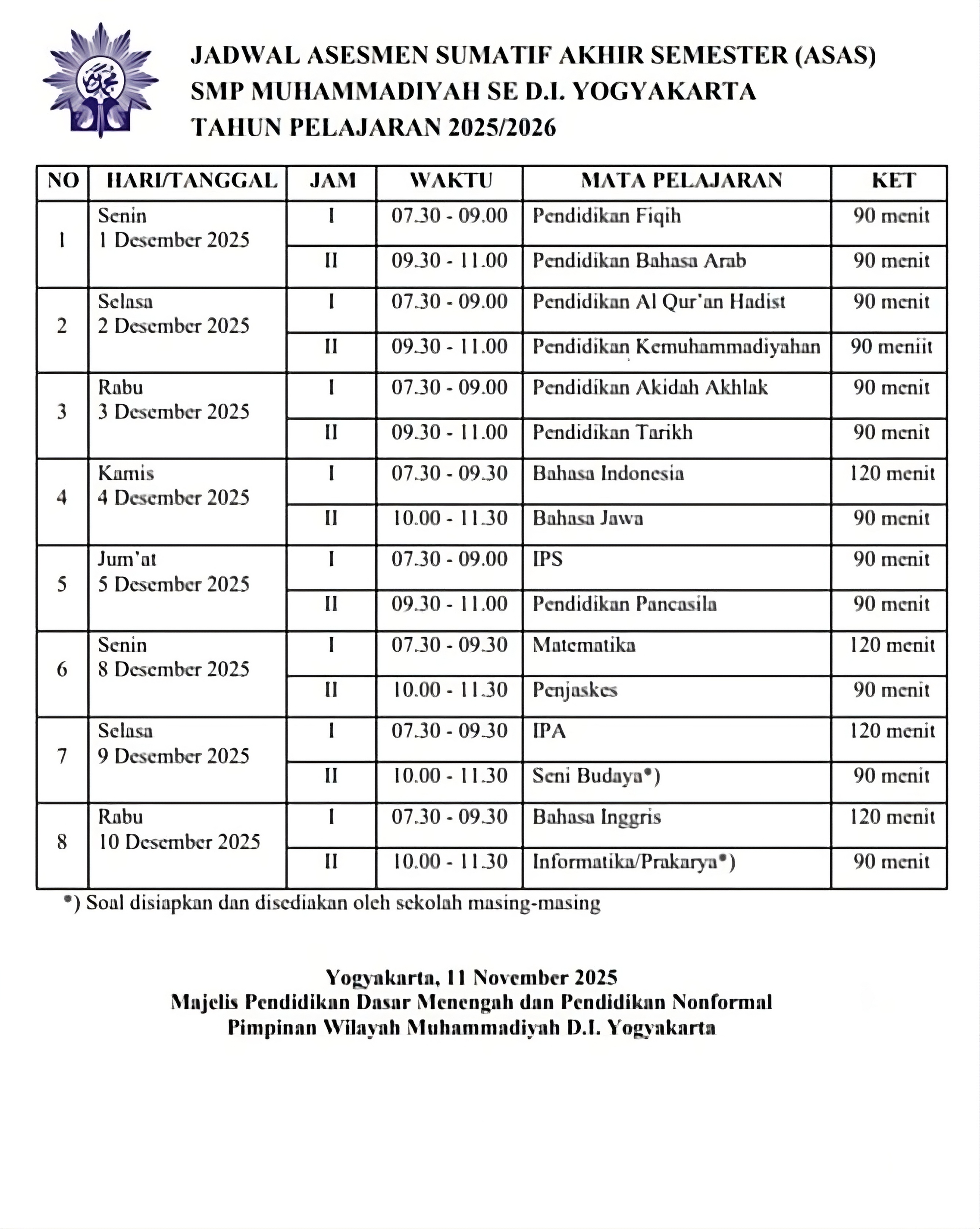 Jadwal Asesmen Sumatif Akhir Semester (ASAS) Ganjil 2025
