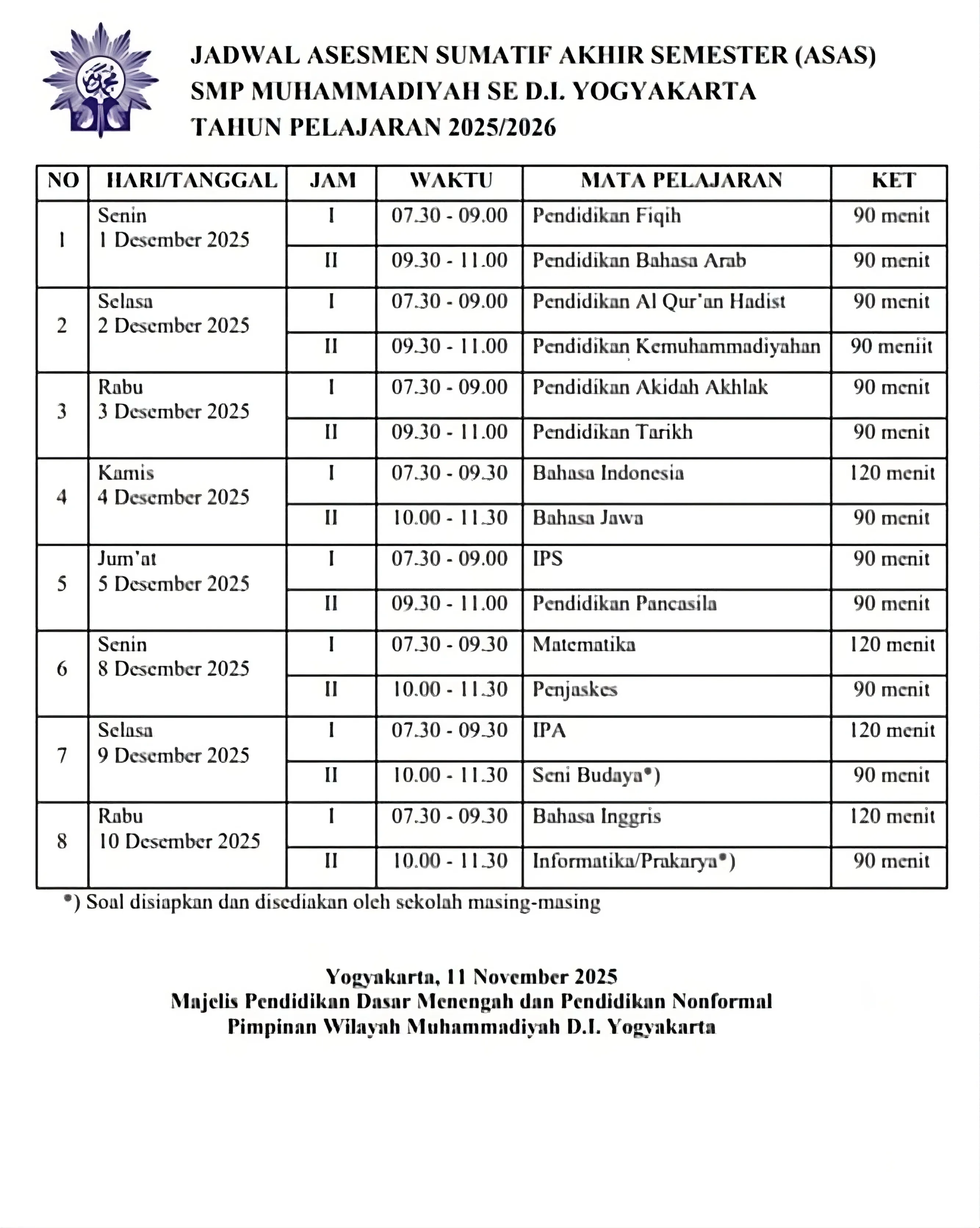 Jadwal Asesmen Sumatif Akhir Semester (ASAS) Ganjil 2025