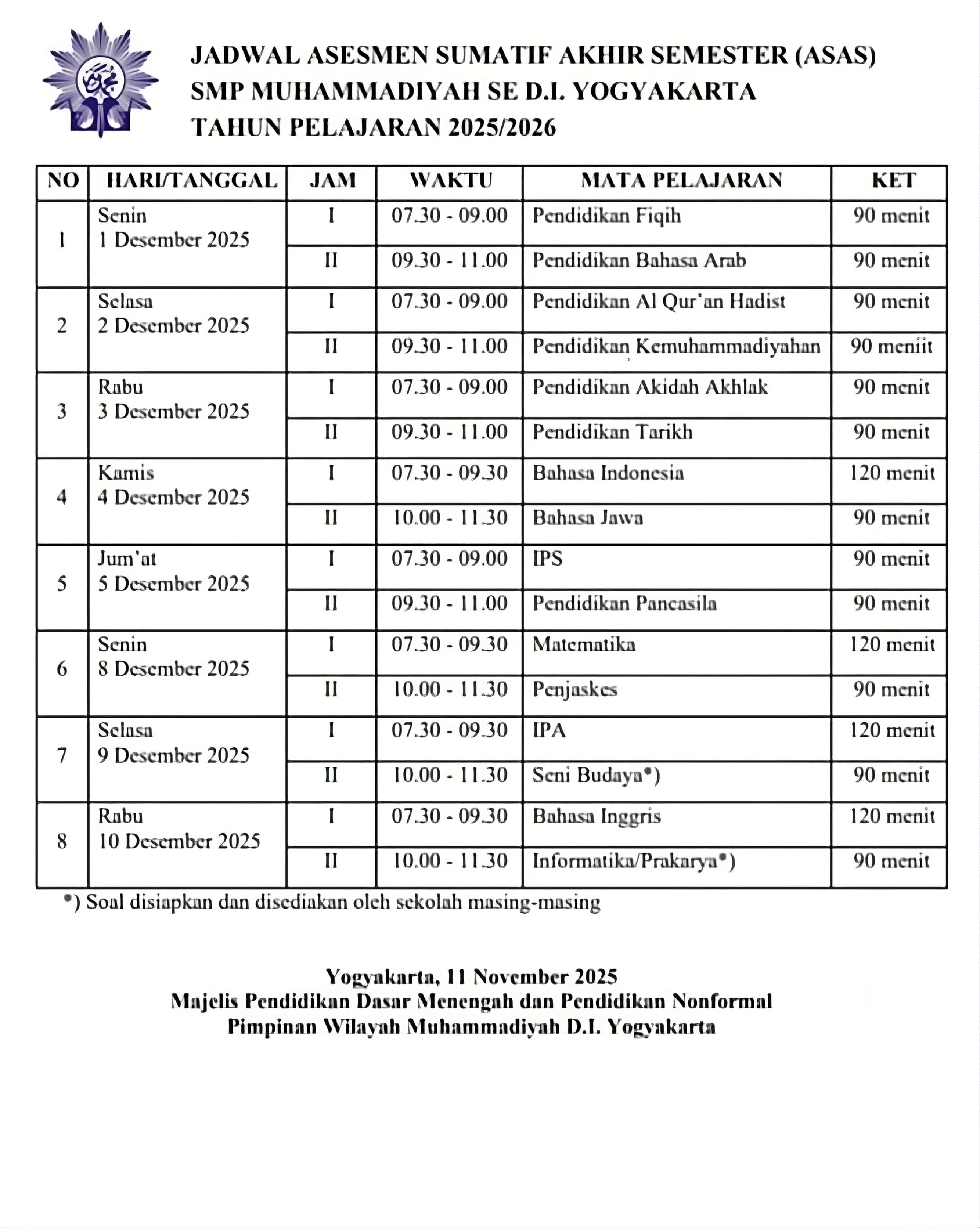 Jadwal Asesmen Sumatif Akhir Semester (ASAS) Ganjil 2025