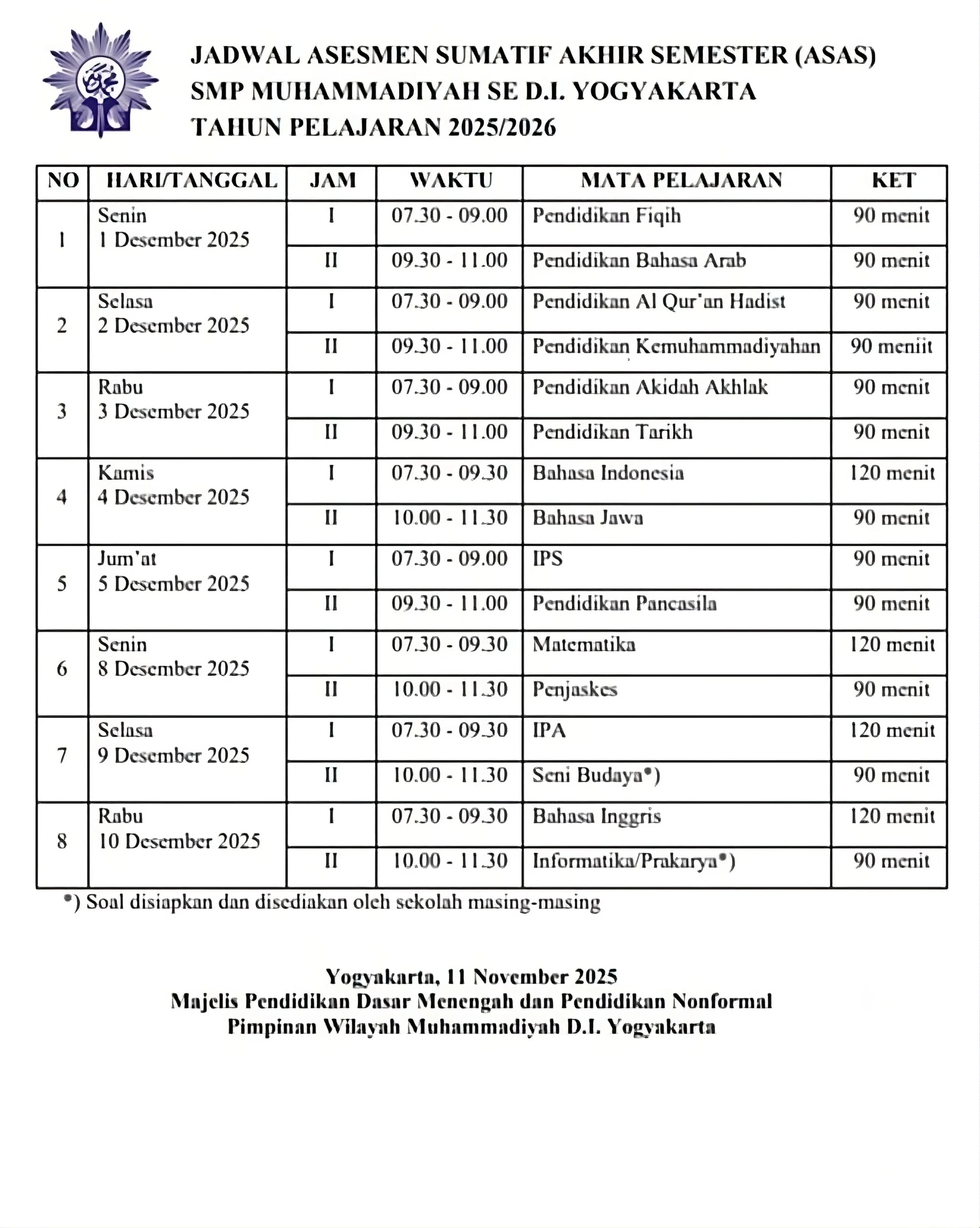 Jadwal Asesmen Sumatif Akhir Semester (ASAS) Ganjil 2025